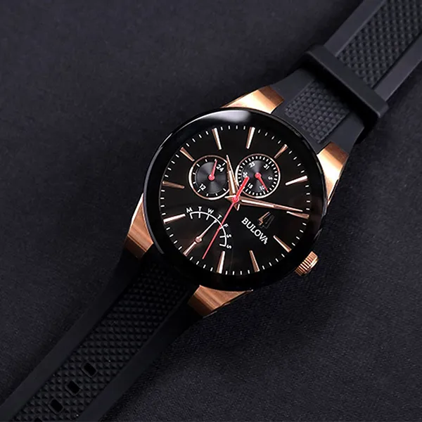 Đồng Hồ Nam Bulova Futuro Quartz Black Dial Black Silicone Watch 97C111 Màu Đen
