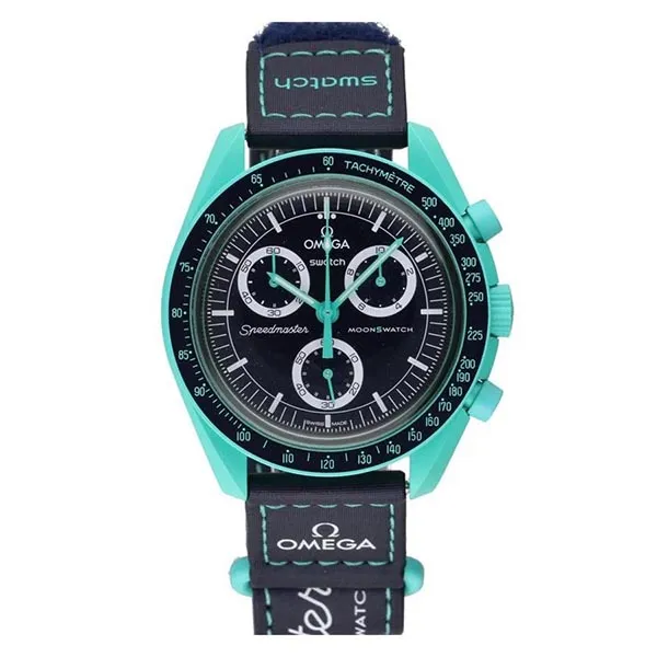 Đồng Hồ Nam Omega x Swatch Bioceramic Moonswatch Mission On Earth Polar Lights SO33L103 Màu Xanh Đen