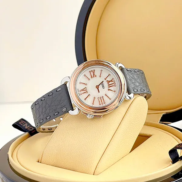 Đồng Hồ Nữ Fendi Quartz F8012345H0 Selleria Ladies Leather Watch Màu Đen - Vàng Hồng