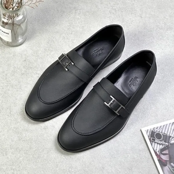 Giày Lười Nam Hermès Monterey Loafer Khoá Bạc Màu Đen Size 39.5
