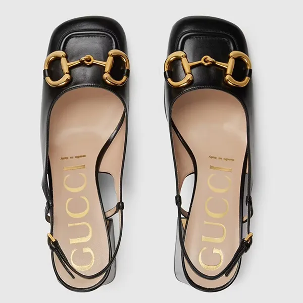 Giày Cao Gót Nữ Gucci Mid Heel Slingback With Horsebit Leather Black 643892-C9D00-1000 Màu Đen Size 35.5