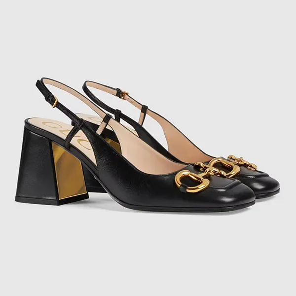 Giày Cao Gót Nữ Gucci Mid Heel Slingback With Horsebit Leather Black 643892-C9D00-1000 Màu Đen Size 35.5
