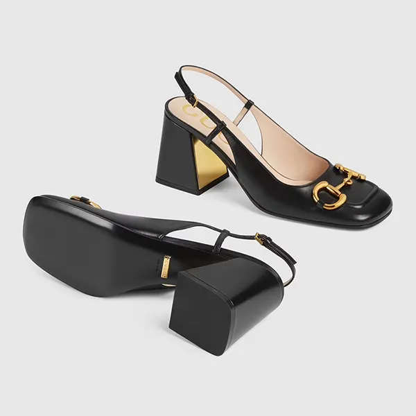 Giày Cao Gót Nữ Gucci Mid Heel Slingback With Horsebit Leather Black 643892-C9D00-1000 Màu Đen Size 35.5