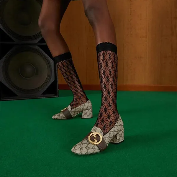 Giày Cao Gót Nữ Gucci Monogram Buckle Detail Heels Màu Be Size 35