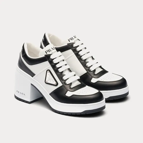 Giày Cao Gót Nữ Prada Downtown High Heeled Leather Black/ White Low Top Sneakers Màu Trắng Đen Size 36