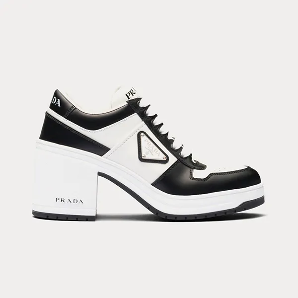 Giày Cao Gót Nữ Prada Downtown High Heeled Leather Black/ White Low Top Sneakers Màu Trắng Đen Size 36