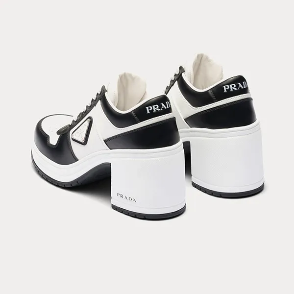 Giày Cao Gót Nữ Prada Downtown High Heeled Leather Black/ White Low Top Sneakers Màu Trắng Đen Size 36
