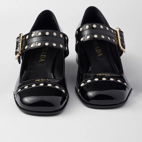 Giày Cao Gót Nữ Prada Mary Jane Block Heel Pumps In Black Màu Đen Size 37