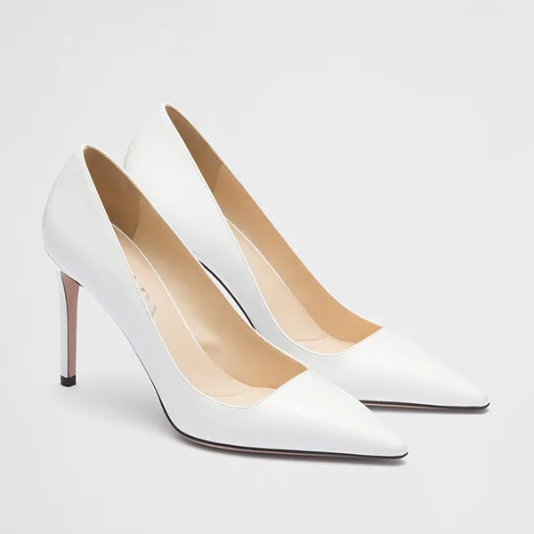 Giày Cao Gót Nữ Prada Patent Leather Pumps Màu Trắng Size 35.5