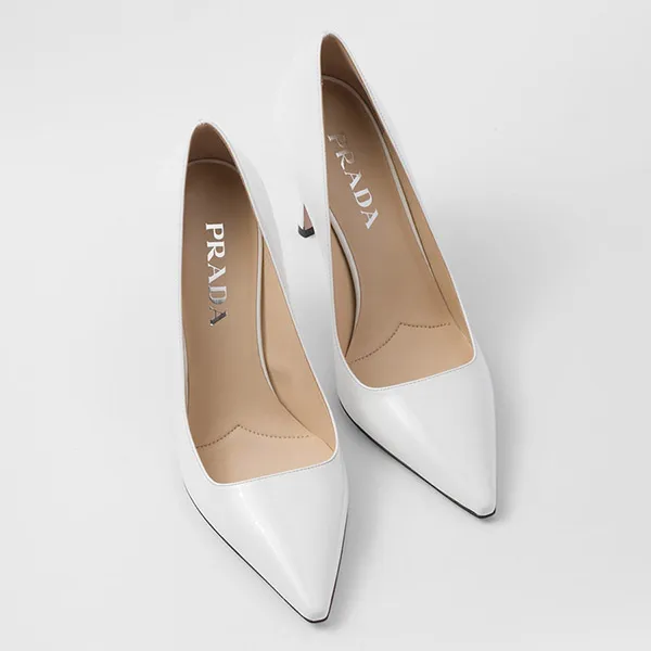 Giày Cao Gót Nữ Prada Patent Leather Pumps Màu Trắng Size 35.5
