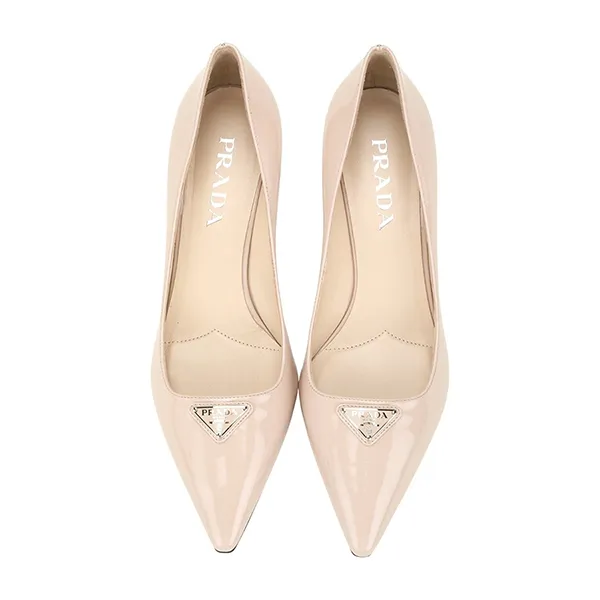Giày Cao Gót Prada Triangle Brand Patent Leather Mid Heel Pointed Toe Shoes Màu Be Size 35.5