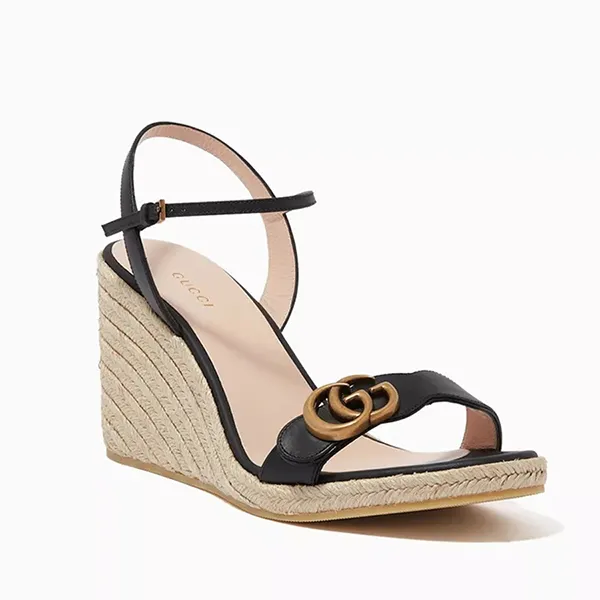 Giày Đế Xuồng Nữ Gucci GG Aitana Platform Espadrilles In Leather Màu Đen Be Size 35