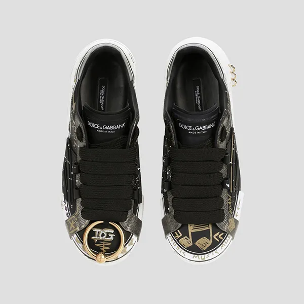 Giày Sneaker Nam Dolce & Gabbana D&G Painted Calfskin Portofino 'Black' CS2005 AY142 80999 Màu Đen Size 5