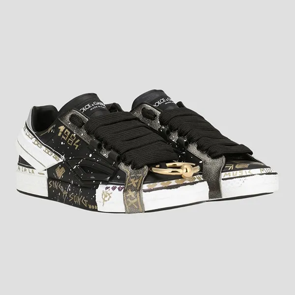 Giày Sneaker Nam Dolce & Gabbana D&G Painted Calfskin Portofino 'Black' CS2005 AY142 80999 Màu Đen Size 5