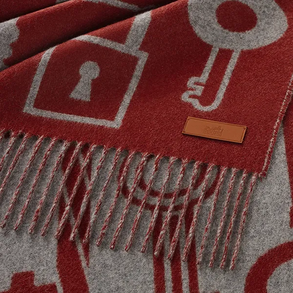 Khăn Choàng Nữ Hermès Casaque Porte-Clefs Scarf Rouge H / Gris Chiné Clair Màu Đỏ Phối Xám