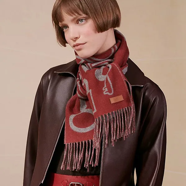 Khăn Choàng Nữ Hermès Casaque Porte-Clefs Scarf Rouge H / Gris Chiné Clair Màu Đỏ Phối Xám