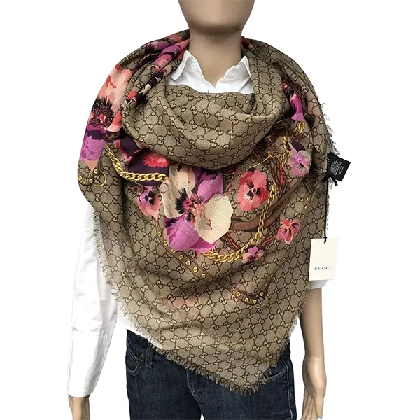 Khăn Choàng Gucci Floral Patterned Fabric With Chain Màu Nâu