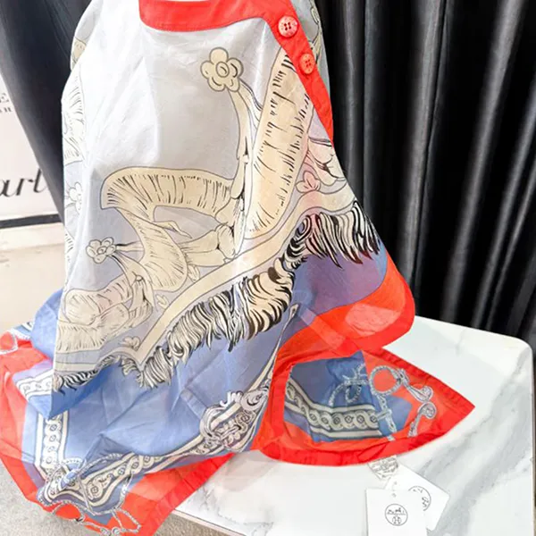 Khăn Choàng Nữ Hermès Printed Kaftan Swim Cover Màu Xanh Cam