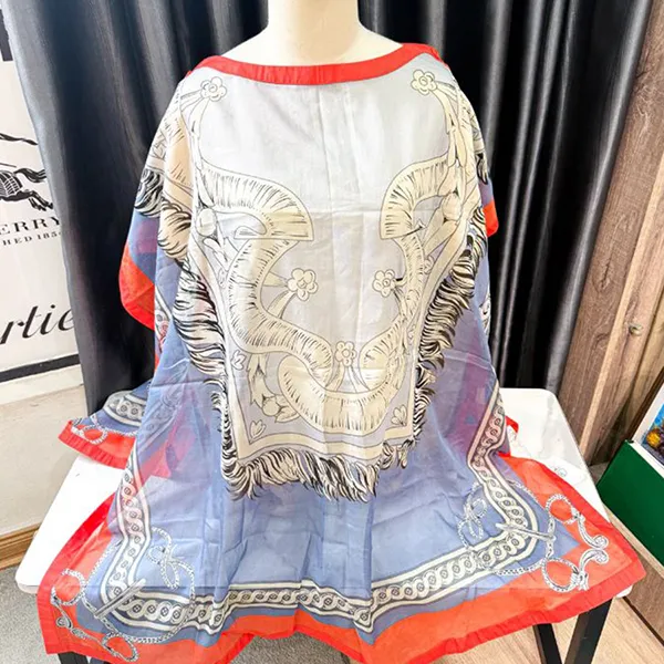 Khăn Choàng Nữ Hermès Printed Kaftan Swim Cover Màu Xanh Cam