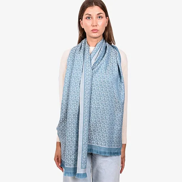 Khăn Choàng Salvatore Ferragamo Blue/White Gancini Printed Wool Scarf Màu Trắng - Xanh
