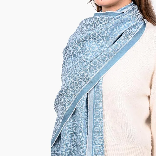 Khăn Choàng Salvatore Ferragamo Blue/White Gancini Printed Wool Scarf Màu Trắng - Xanh