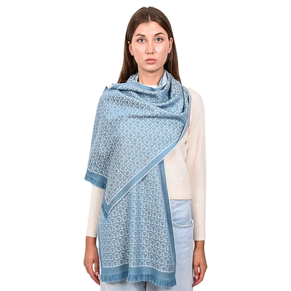 Khăn Choàng Salvatore Ferragamo Blue/White Gancini Printed Wool Scarf Màu Trắng - Xanh