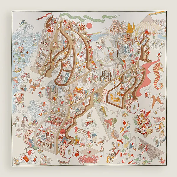 Khăn Lụa Nữ Hermès Academia Hippica Scarf 90x90cm Màu Trắng Kem