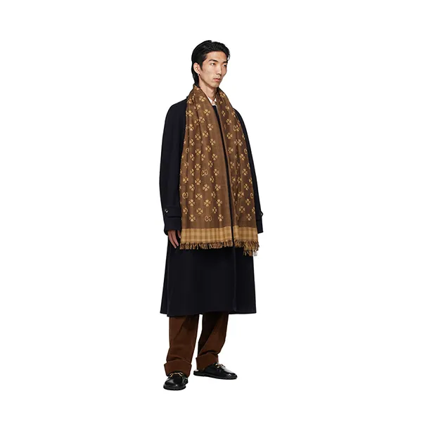 Khăn Quàng Cổ Gucci Beige & Brown Cotton Jacquard Scarf Màu Nâu Be