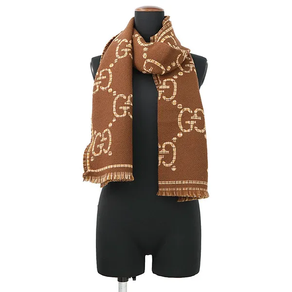 Khăn Quàng Cổ Gucci Check GG Wool Jacquard Scarf Brown Màu Nâu