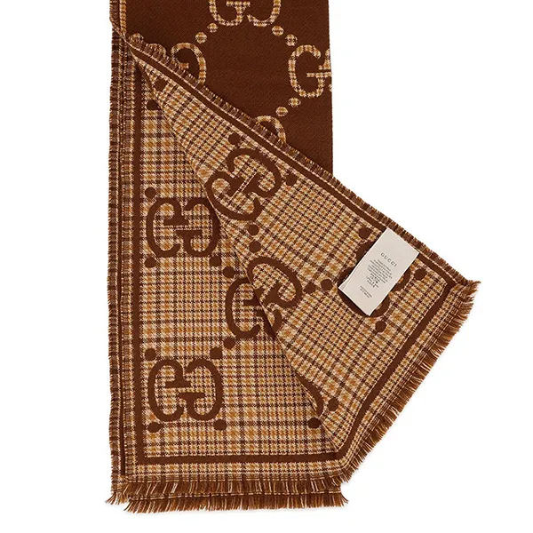 Khăn Quàng Cổ Gucci Check GG Wool Jacquard Scarf Brown Màu Nâu