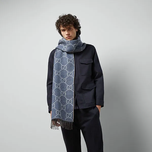 Khăn Quàng Cổ Gucci GG Jacquard Knit Scarf Tassels 676610-3G200-4165 Màu Navy/Nâu