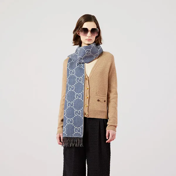 Khăn Quàng Cổ Gucci GG Jacquard Knit Scarf Tassels 676610-3G200-4165 Màu Navy/Nâu