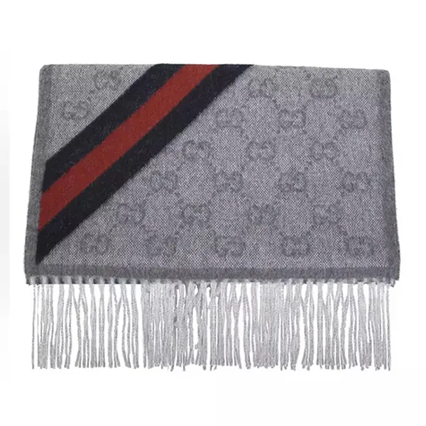 Khăn Quàng Cổ Gucci GG Logo Wool Scarf In Grey 165904 3G646 Màu Xám