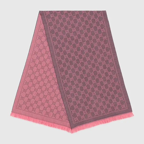 Khăn Quàng Cổ Gucci GG Wool Scarf 133483 3G200 1272 Màu Hồng/Xám