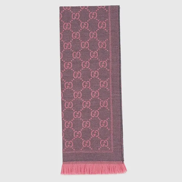 Khăn Quàng Cổ Gucci GG Wool Scarf 133483 3G200 1272 Màu Hồng/Xám