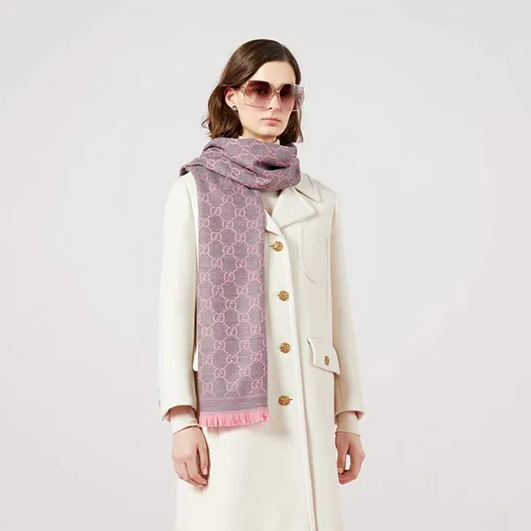 Khăn Quàng Cổ Gucci GG Wool Scarf 133483 3G200 1272 Màu Hồng/Xám