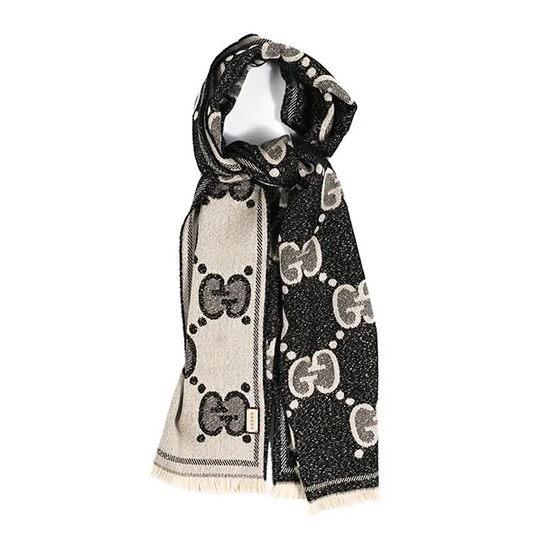 Khăn Quàng Cổ Gucci GG Wool With Lamé Jacquard Scarf 598993 Màu Đen/Be
