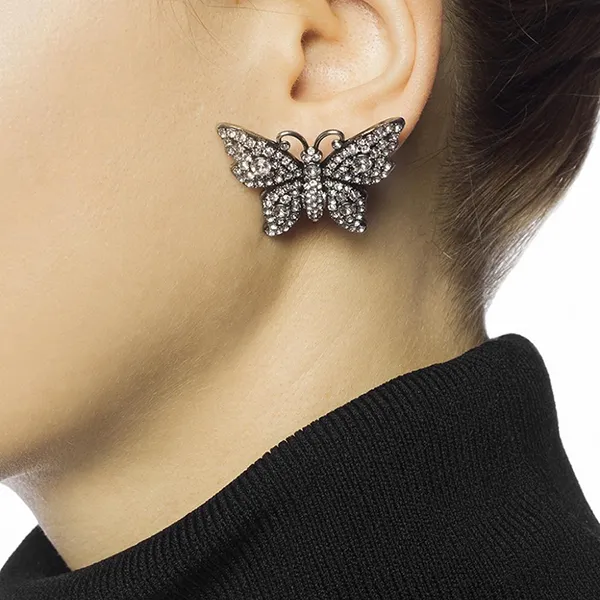 Khuyên Tai Nữ Gucci Butterfly Crystal Embellished Metal Earrings Màu Bạc Trắng