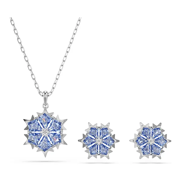 Set Dây Chuyền + Khuyên Tai Swarovski Magic Snowflake, Blue, Rhodium Plated Màu Bạc Xanh