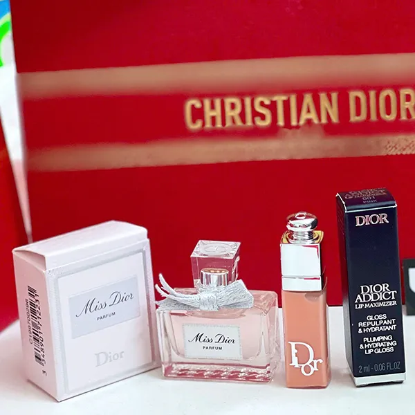Set Nước Hoa Nữ Miss Dior Parfum 5ml + Son Dior Addict Lip Maximizer 001 Pink Mini Màu Hồng