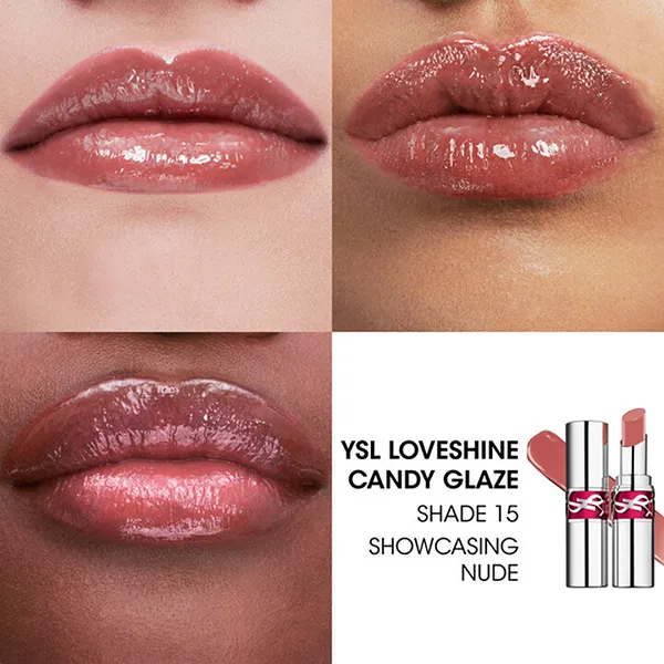 Son Dưỡng YSL Loveshine Candy Glaze Lipstick 15 Showcasing Nude Màu Hồng Nude Đất