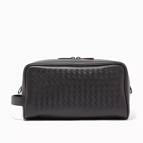 Túi Cầm Tay Nam Bottega Veneta Black Leather Intrecciato Wash Bag Màu Đen