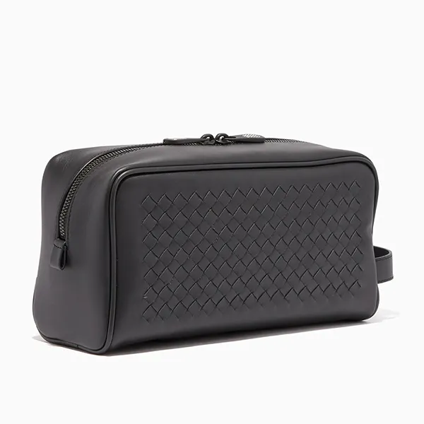 Túi Cầm Tay Nam Bottega Veneta Black Leather Intrecciato Wash Bag Màu Đen