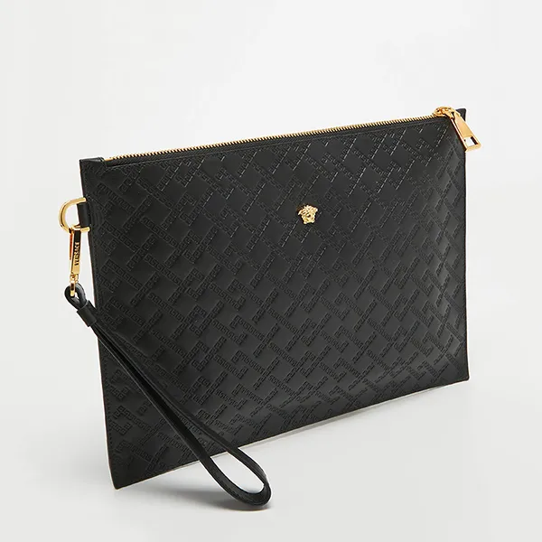 Túi Cầm Tay Versace Monogram Embossed Leather Medusa Zip Pouch Màu Đen