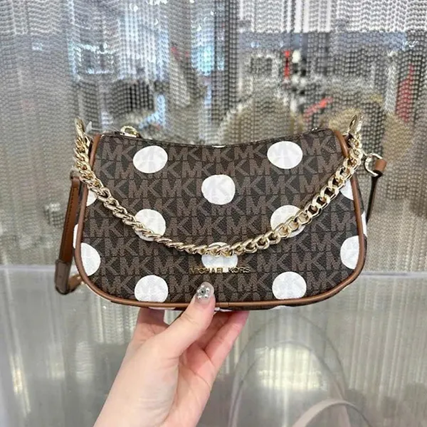Túi Đeo Chéo Nữ Michael Kors MK Carmela Small Polka Dot And Signature Logo Pochette 35S5G1QC1N Màu Nâu