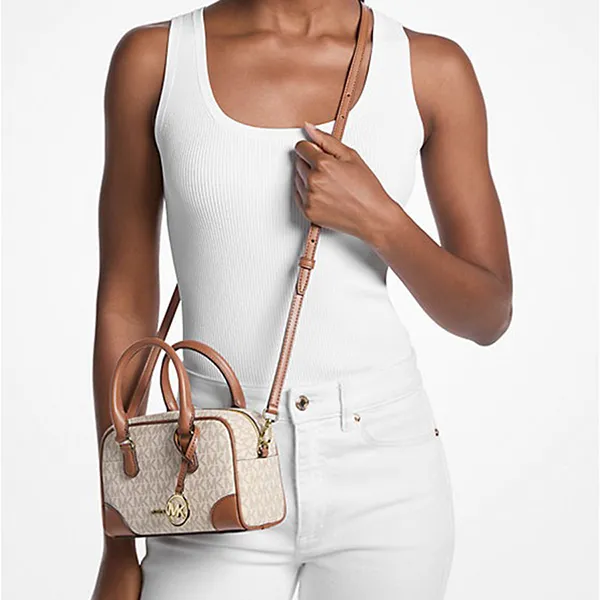 Túi Đeo Chéo Nữ Michael Kors MK Thompson Extra-Small Signature Logo Convertible Satchel 35F5G7OC0B Vanilla Màu Nâu Trắng