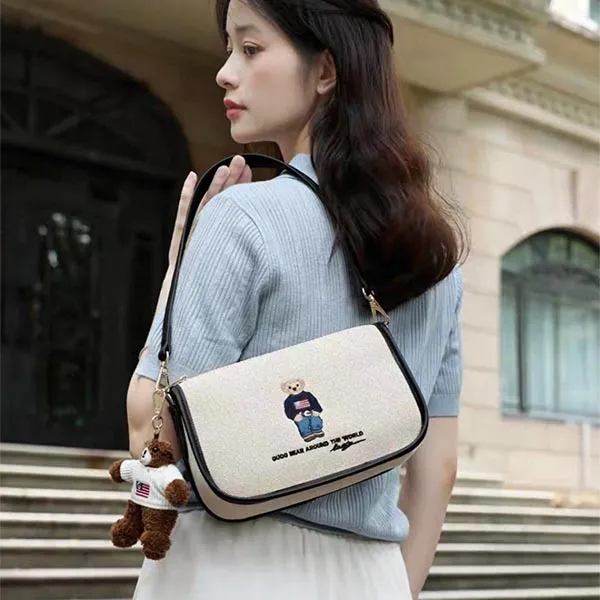 Túi Đeo Chéo Nữ Guoo Bear Beige Canvas Embroidered Underarm Bag GU1428-10040 Màu Be Xanh