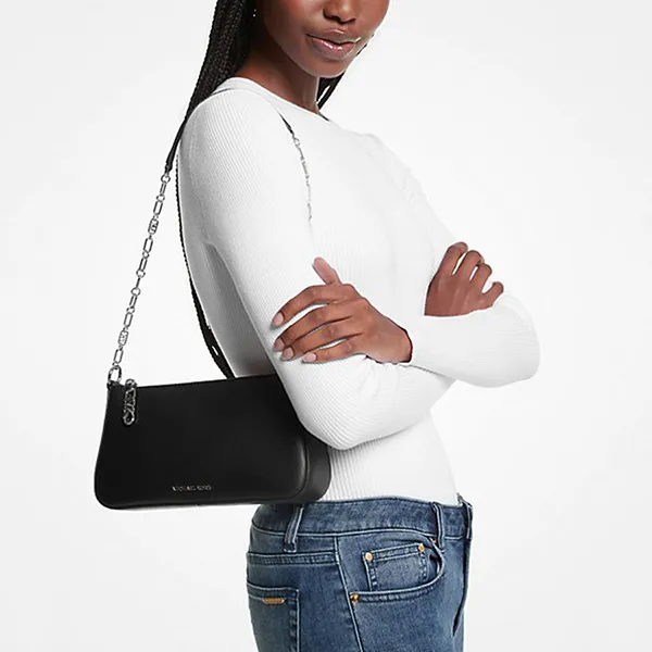 Túi Đeo Vai Nữ Michael Kors MK Empire Medium Leather Chain-Link Pochette 32H3S8EW6L Màu Đen