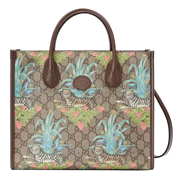 Túi Tote Gucci Tiger GG Small Tote Bag Beige/Ebony Màu Be