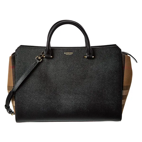 Túi Xách Tay Nữ Burberry Banwell Medium Leather & Check Canvas Satchel Màu Đen